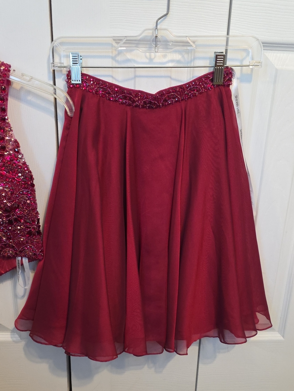 Homecoming Two Piece Sherri Hill Wine Red Beaded Waist Chiffon Skater Skirt